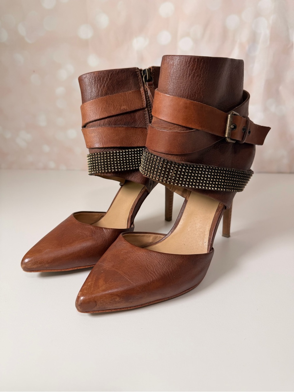 JOE’S JEANS Brown Leather Studded Ankle Strap Pointed Toe Heels
